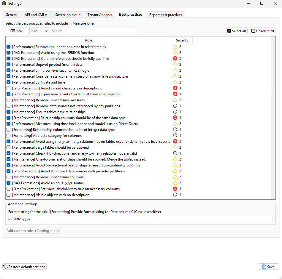 Measure Killer Settings — Best practices tab showing model rules with severity levels and checkboxes