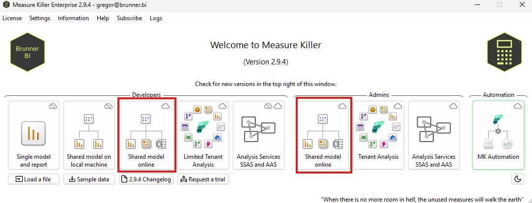 Measure Killer welcome screen with both "Shared model online" tiles highlighted — one under Developers and one under Admins