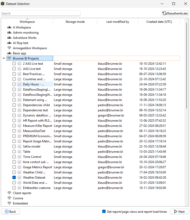 Measure Killer Developer-mode "Dataset Selection" picker — workspaces and their semantic models with checkboxes, storage mode, last-modified-by and created date