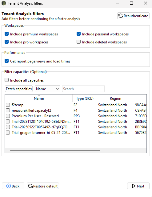 Measure Killer Admin-mode "Tenant Analysis filters" window with workspace toggles, performance toggle and an optional capacity filter