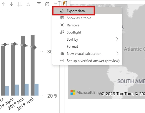 A Power BI visual's options menu with Export data highlighted — the consumer action that Power BI logs as an ExportReport event