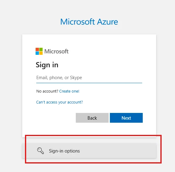 Microsoft Azure sign-in page with the "Sign-in options" button at the bottom highlighted