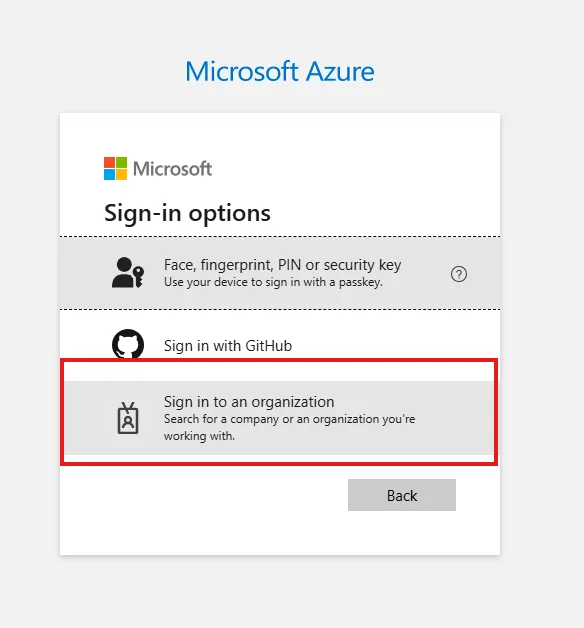 Microsoft sign-in options list with "Sign in to an organization" highlighted