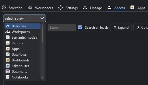 Access tab — the "Select a view" dropdown listing every Power BI and Fabric item type, from Users level and Workspaces through Semantic models, Reports, Apps, Dataflows, Dashboards, Lakehouses and Notebooks