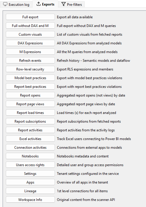 Measure Killer Tenant Analysis Exports sidebar — full list of raw JSON exports including DAX, M, refresh events, RLS, report opens / page views / load times, subscriptions, activities, and more