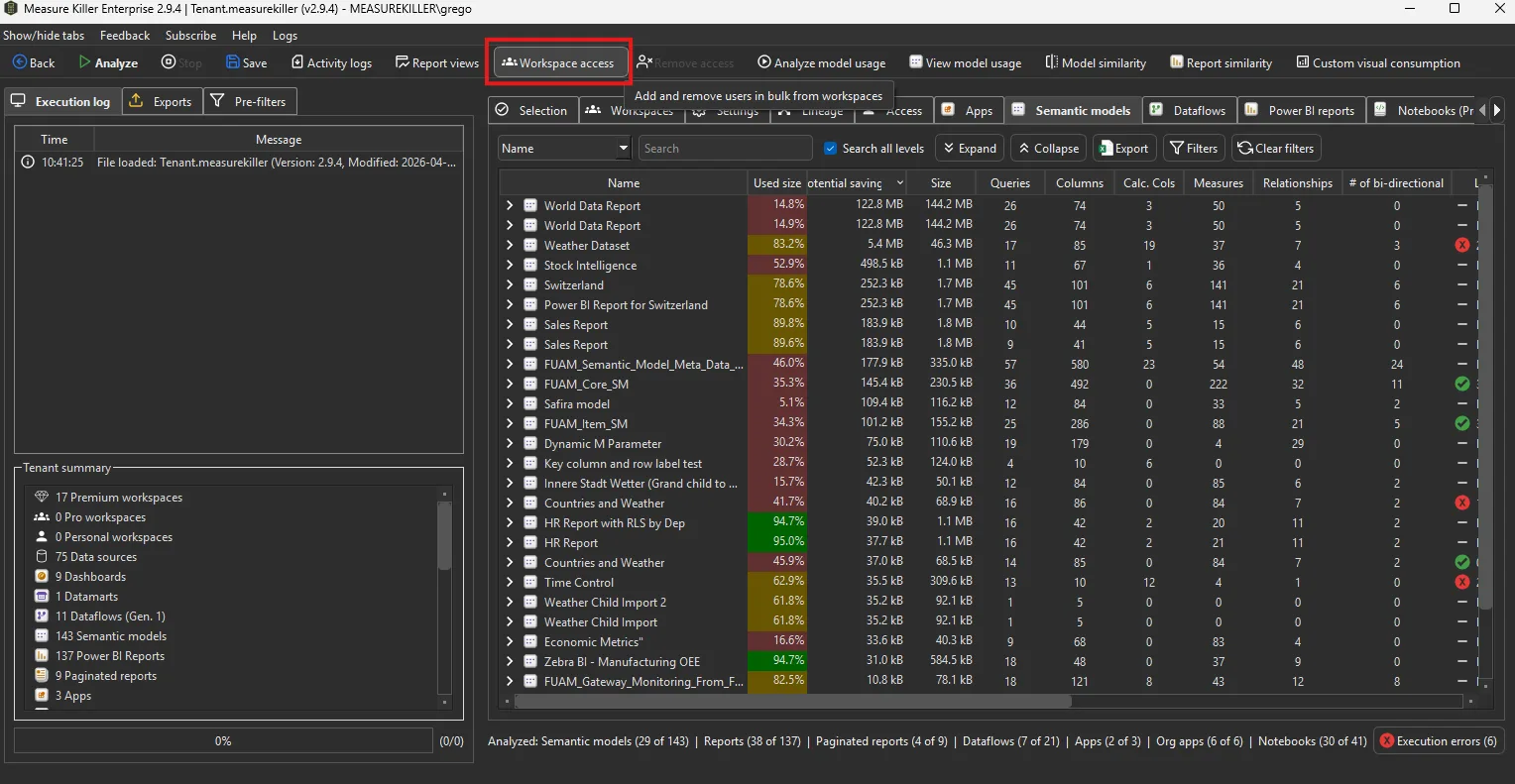 Tenant Analysis toolbar with the Workspace access button highlighted