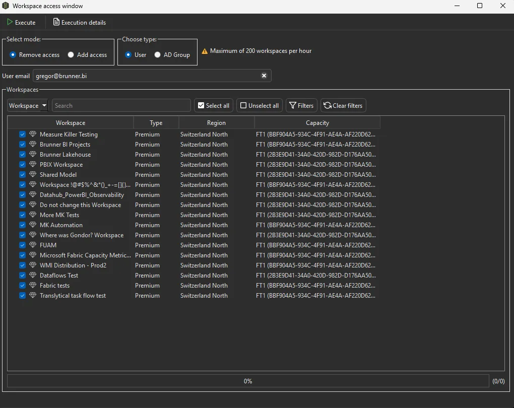Workspace access window — bulk add or remove a user or AD group across selected workspaces