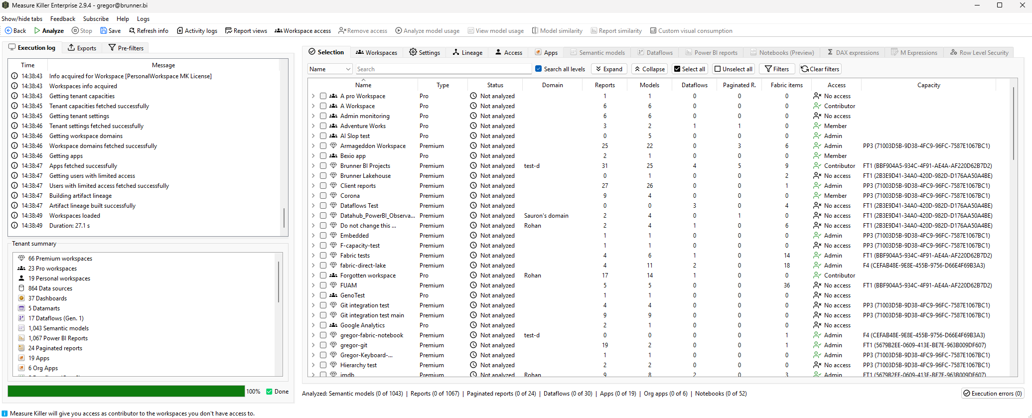 Measure Killer Tenant Analysis after Phase 1 — workspaces populated, deeper-analysis tabs greyed out