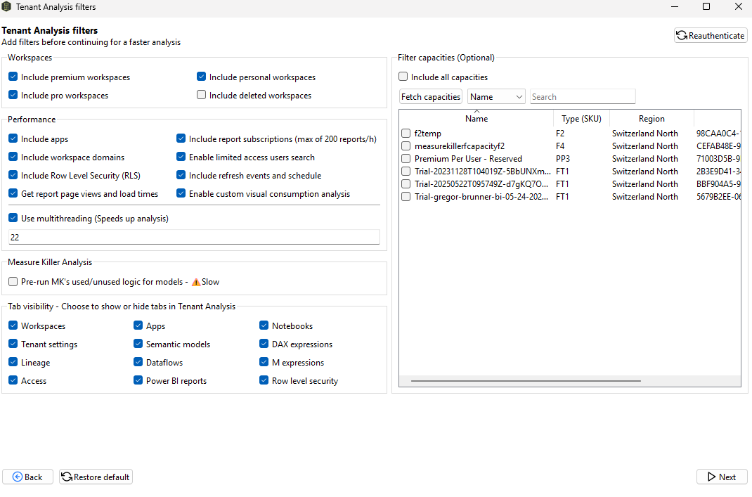 Measure Killer Tenant Analysis filters — workspaces, performance, MK analysis, tab visibility, capacity