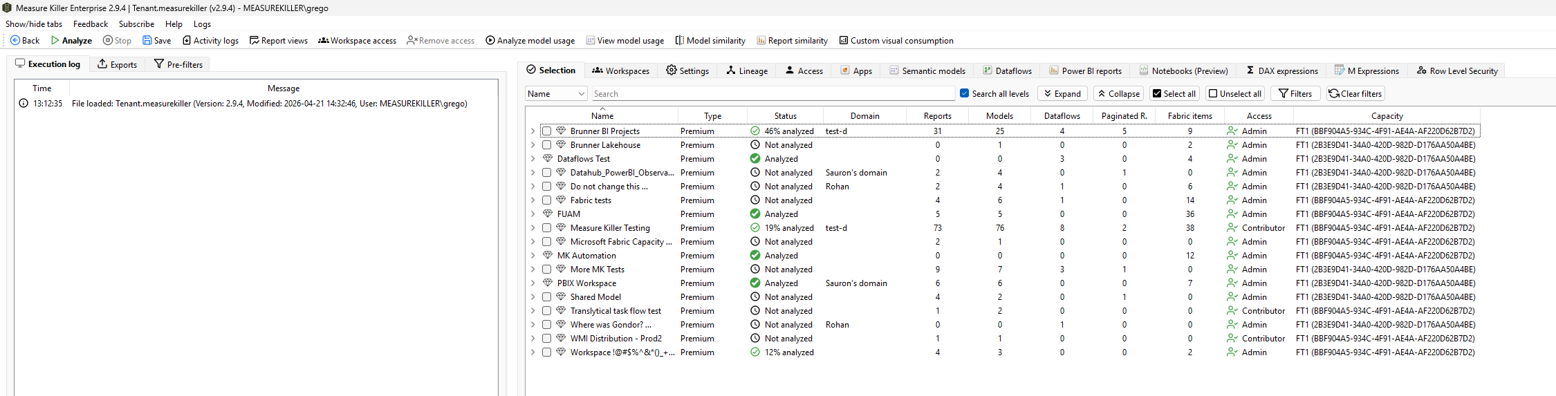 Measure Killer Tenant Analysis UI — toolbar, tab strip, and Selection table