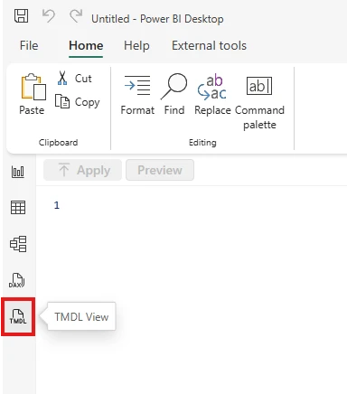 The TMDL view button in the left-hand toolbar of Power BI Desktop