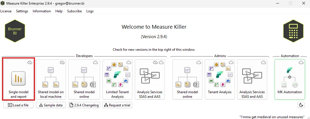 Measure Killer welcome screen with the "Single model and report" tile selected under the Developers group
