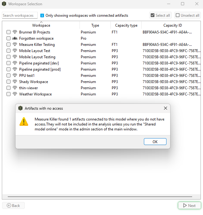 Measure Killer Developer-mode workspace picker — only workspaces with connected artifacts are listed, plus an "Artifacts with no access" popup warning about artifacts in workspaces the account can't read