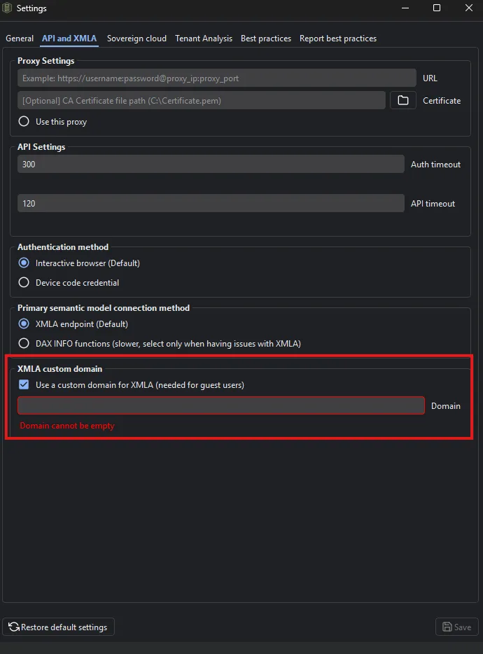Settings → API and XMLA with the XMLA custom domain section highlighted — "Use a custom domain for XMLA (needed for guest users)" ticked and an empty Domain field showing the "Domain cannot be empty" validation message